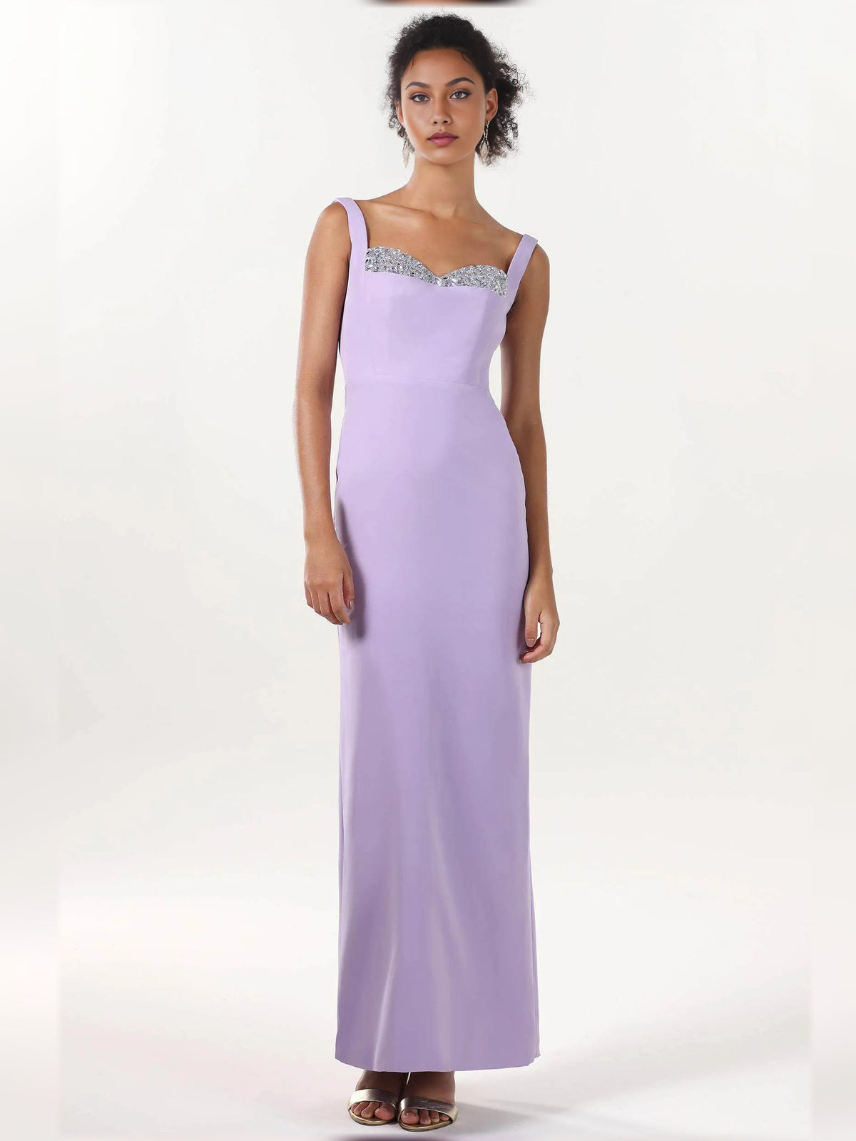 Lilac sweetheart formal dress with beaded bodice, fitted silhouette, and long length