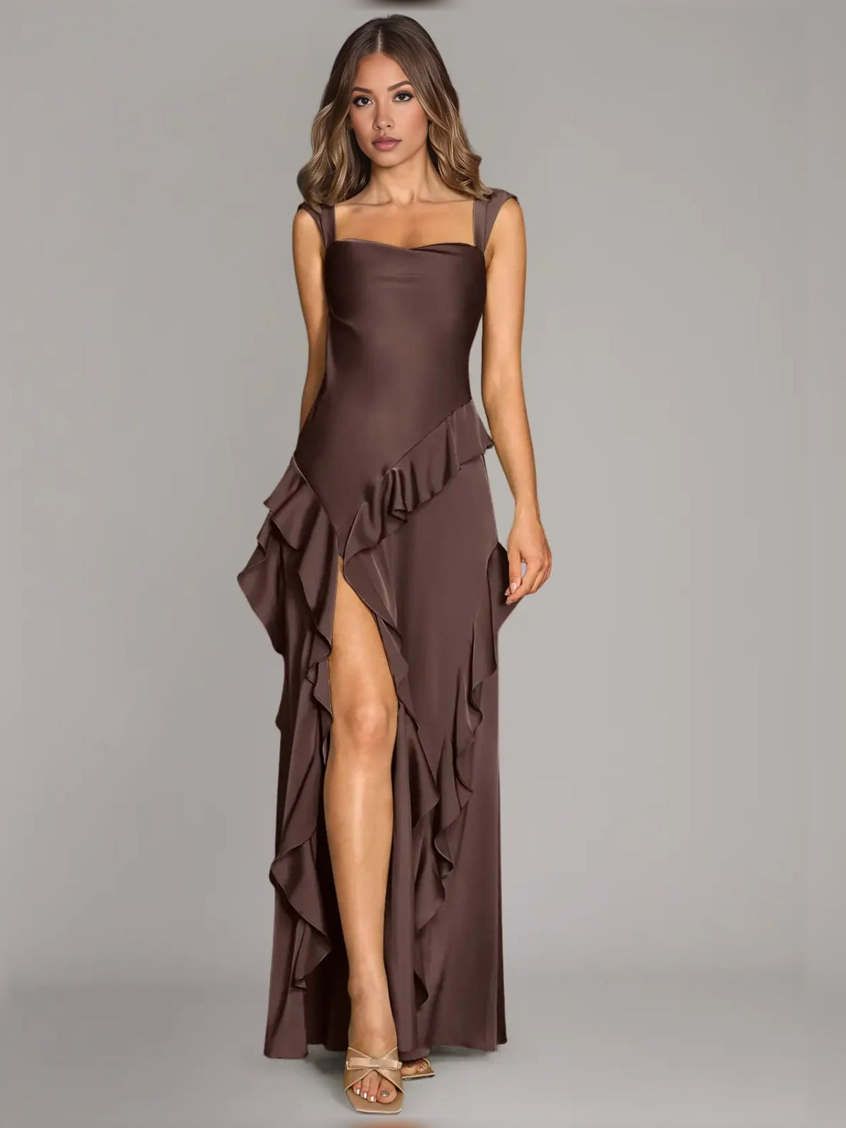 Chocolate brown ruffled square-neck satin A-line maxi dress, front slit and layered ruffles