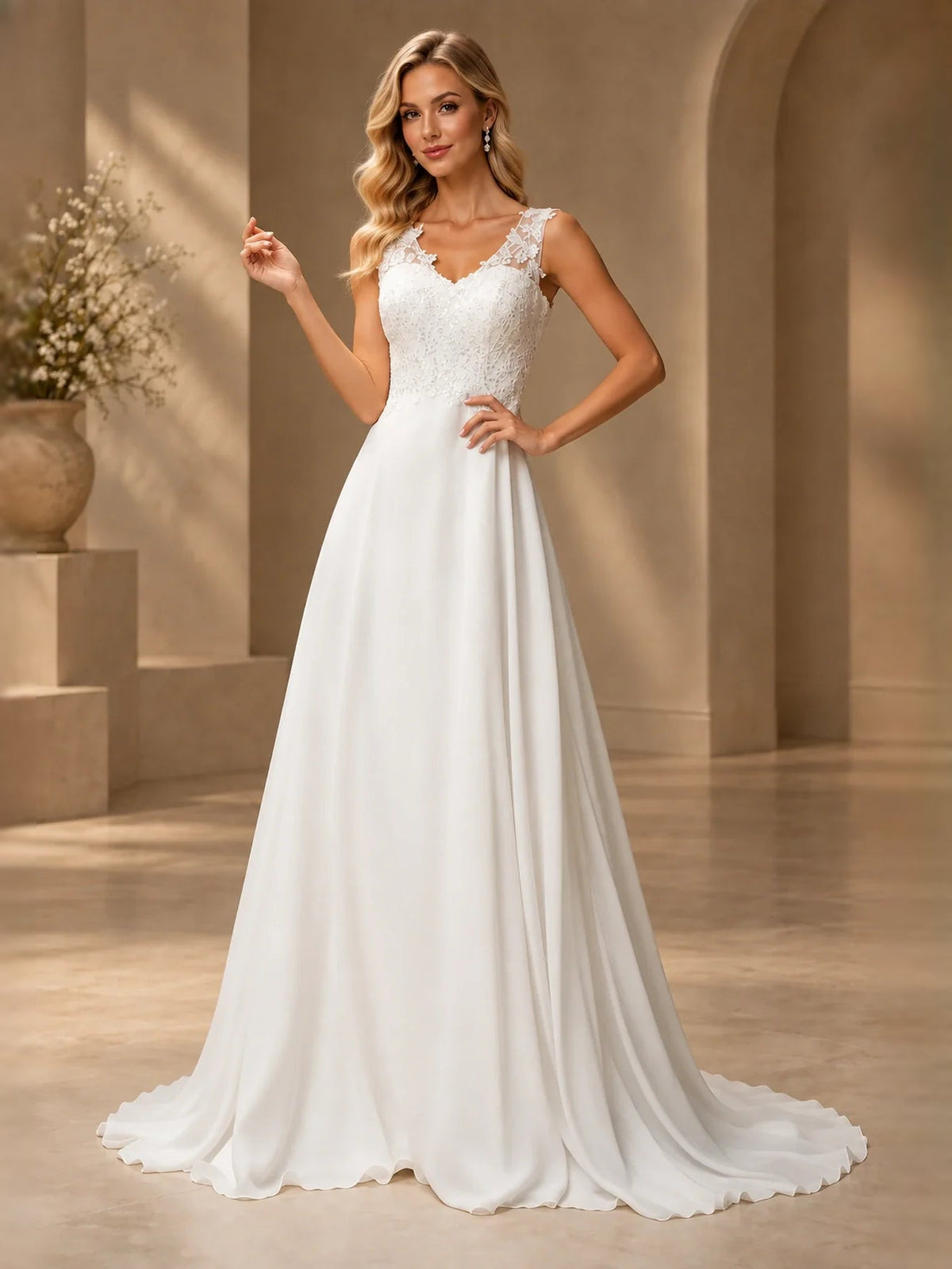 White floral lace V-neck wedding dress with sleeveless bodice and flowing A-line skirt