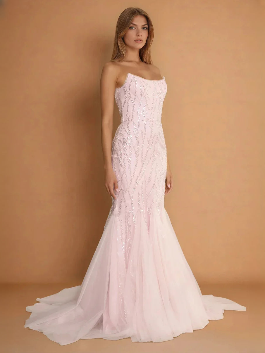 Blush pink strapless beaded sequin mermaid gown with tiered tulle skirt and train