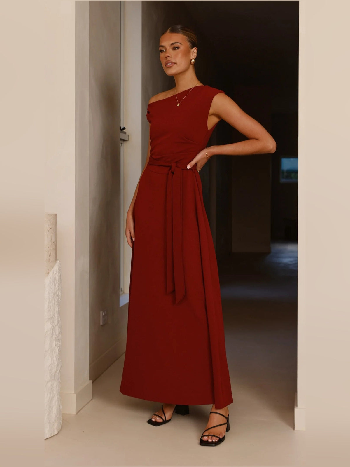 Burgundy a-line maxi formal dress with a-line, alternate view