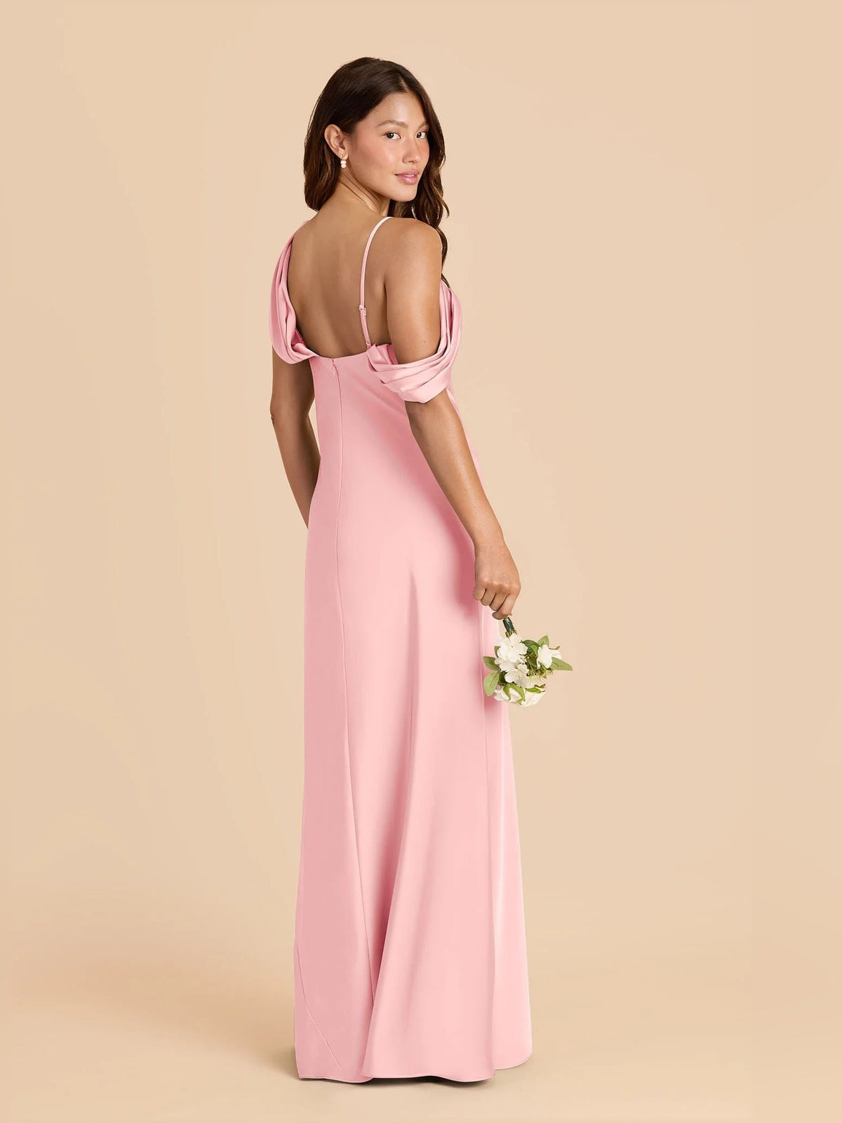 One-shoulder satin formal dress in pink, low back and draped one-shoulder straps