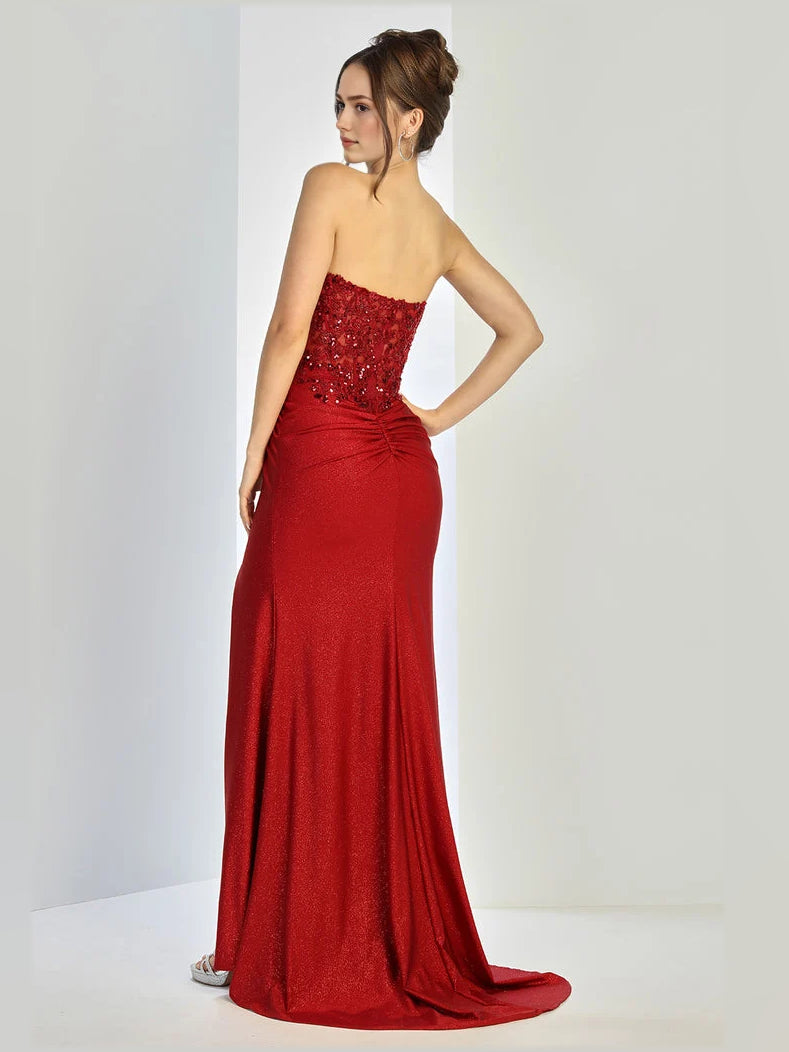 Red strapless mermaid prom dress with embellished bodice and flowing floor-length skirt
