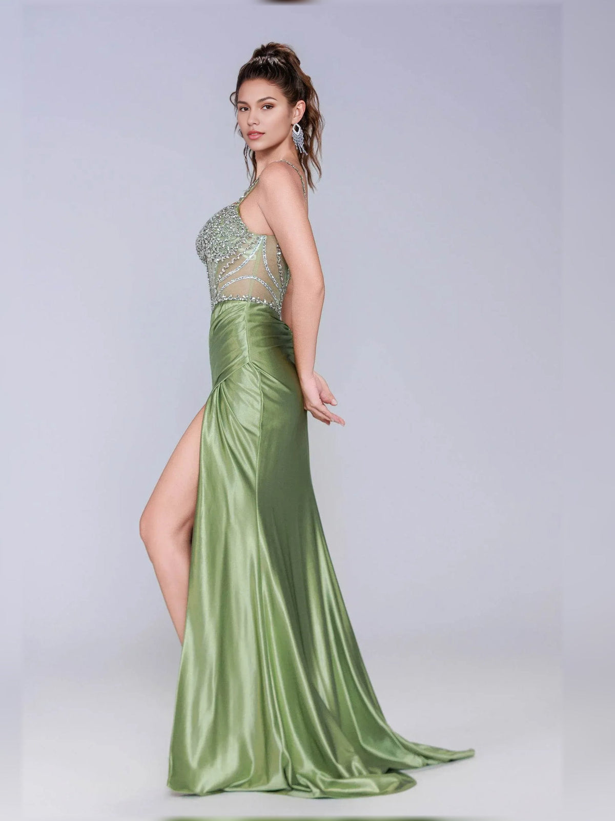 Dusty sage sweetheart corset dress, beaded bodice, high side slit, spaghetti straps.