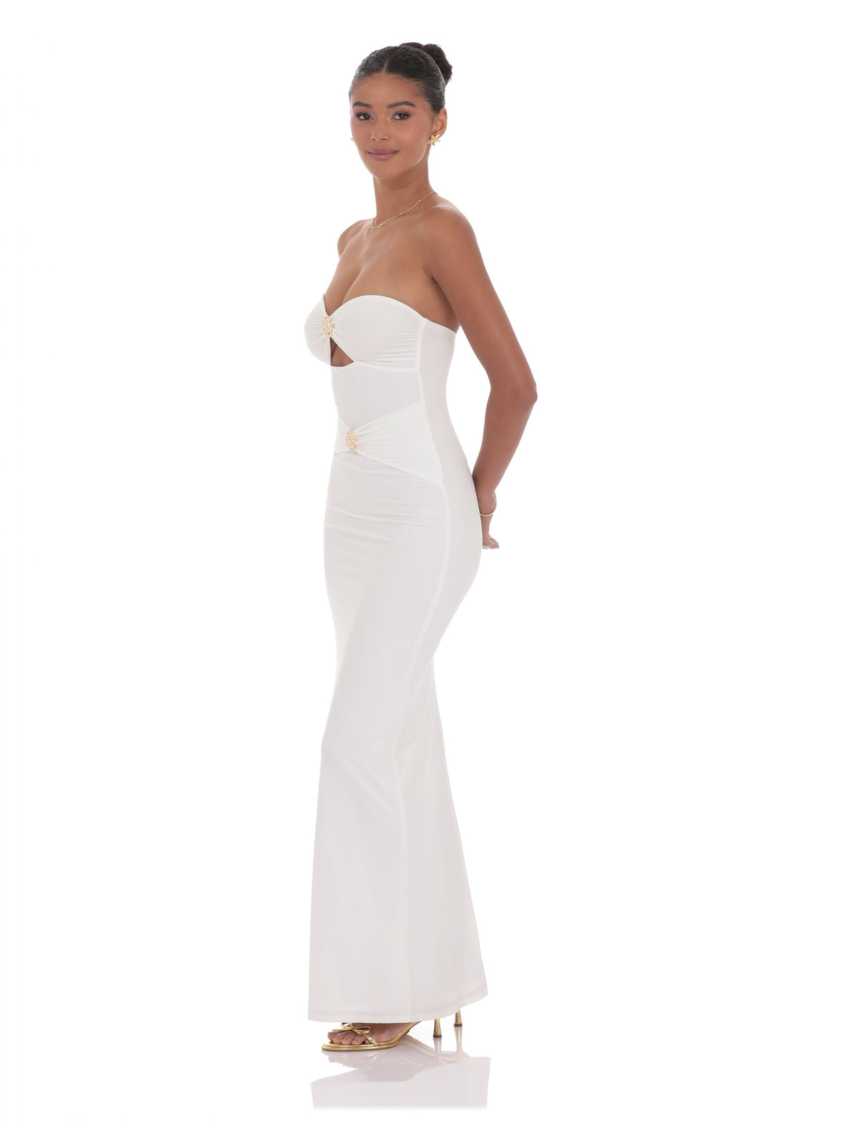 White bridesmaid dress with structured woven fabric construction and maxi hem
