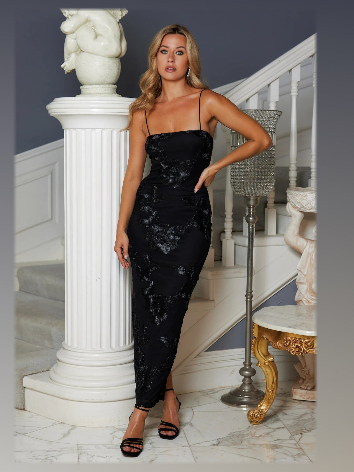 Black maxi formal dress, alternate full-length view showing the waistline