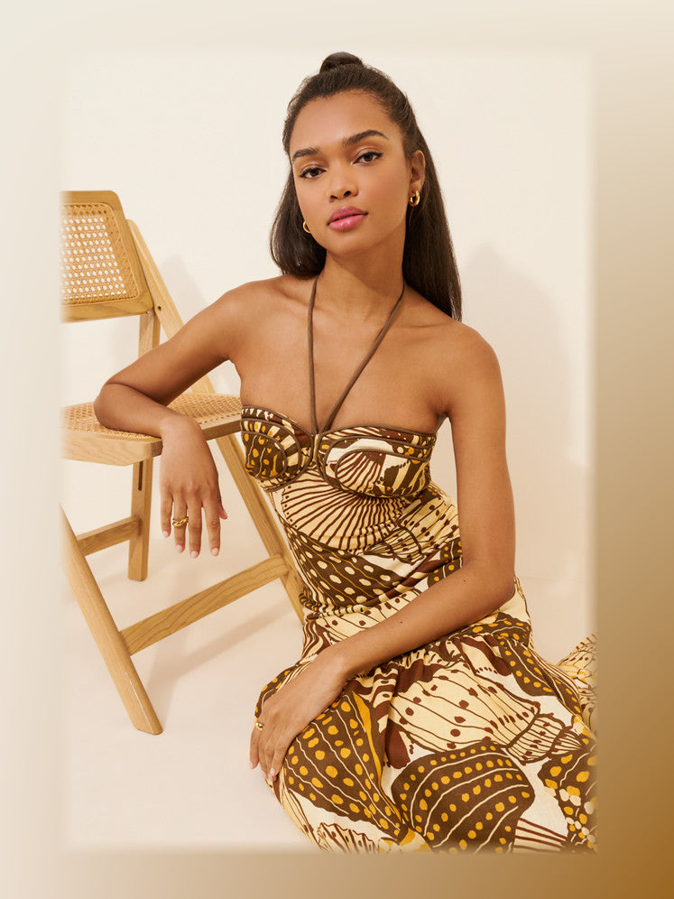 Brown Tropical Print midi formal dress, alternate full-length view showing the waistline