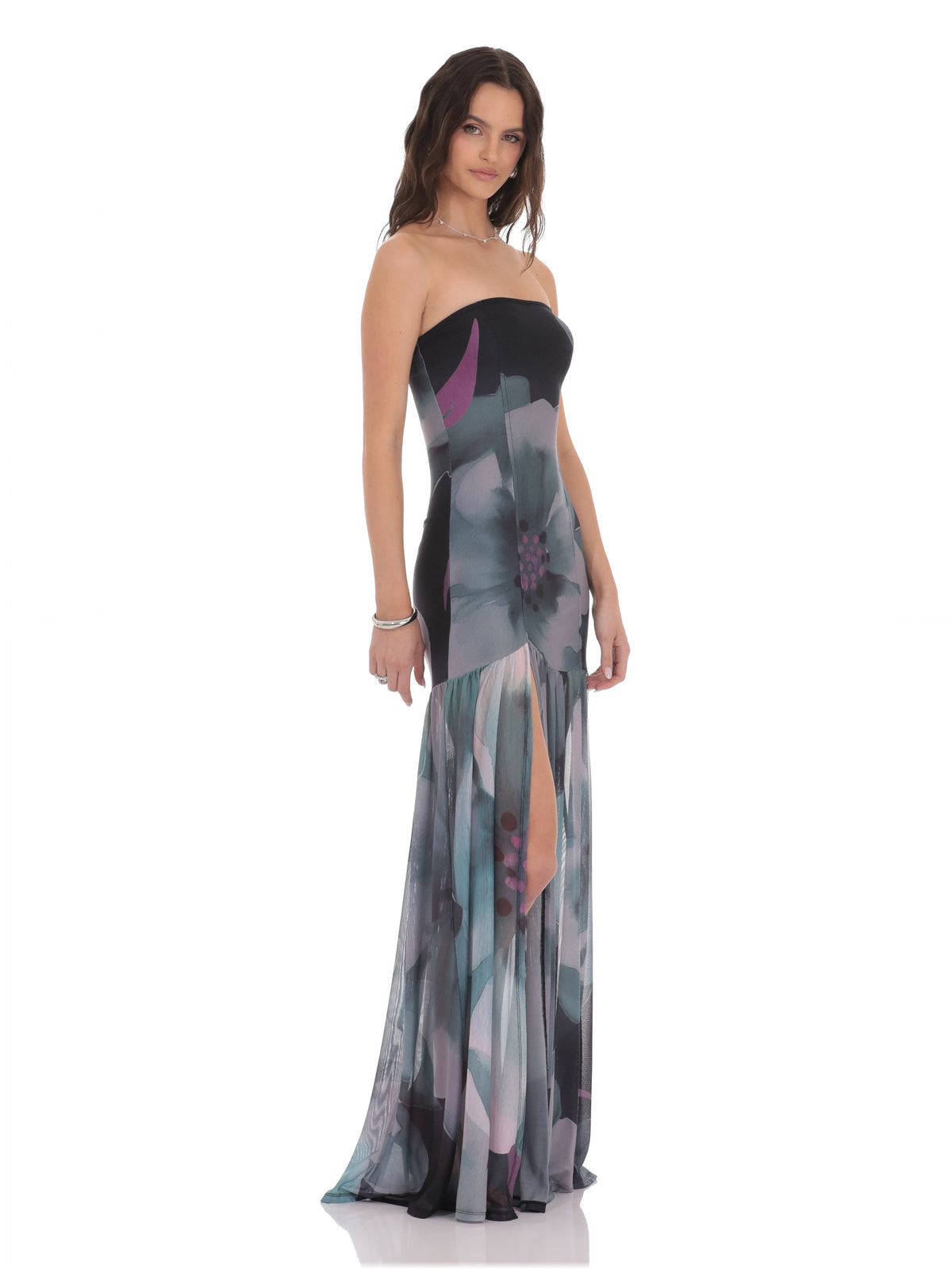 Navy bridesmaid dress with mesh construction and maxi hem