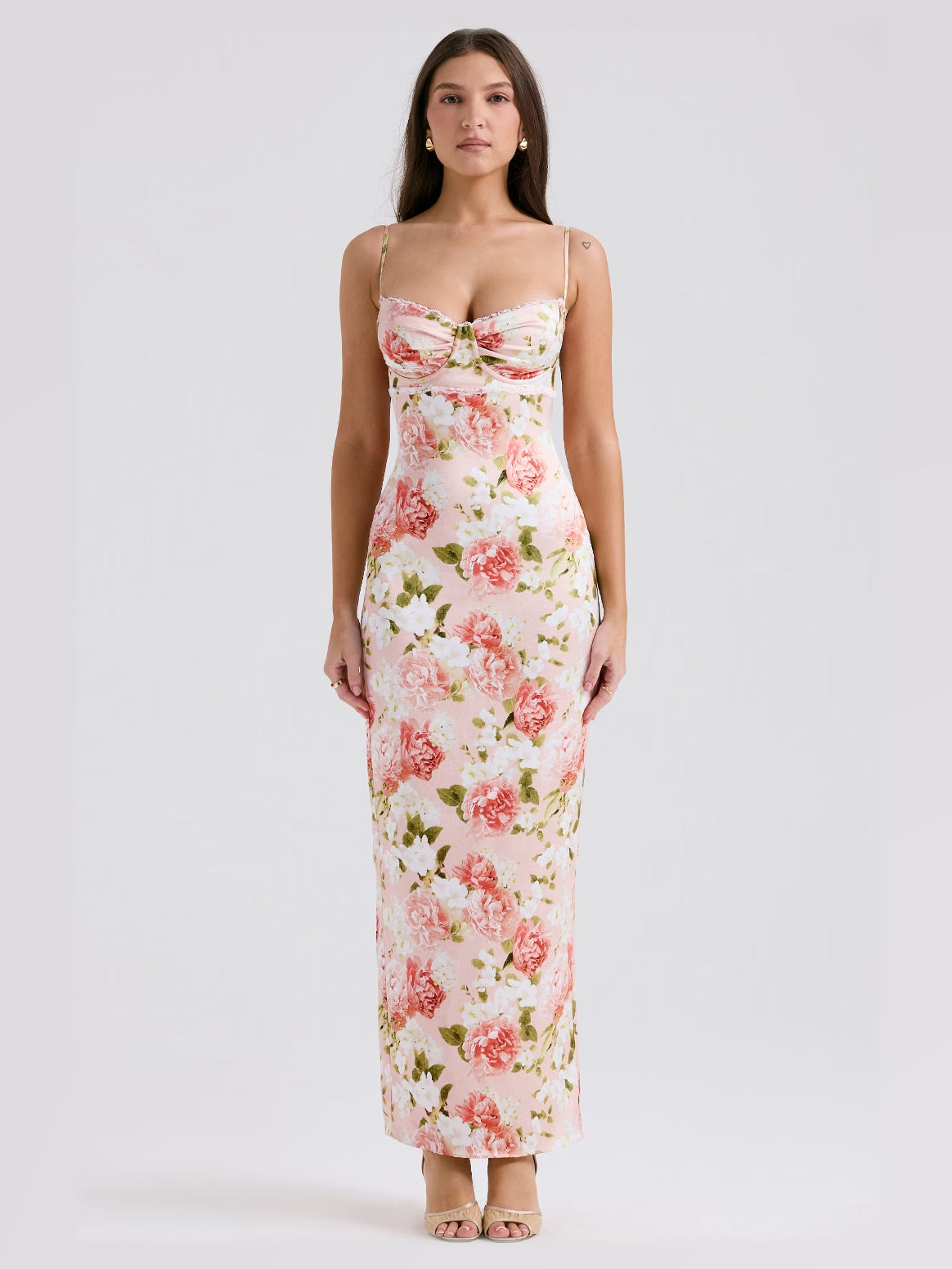 Ivory Pink Floral Print maxi formal dress, alternate full-length view showing the waistline