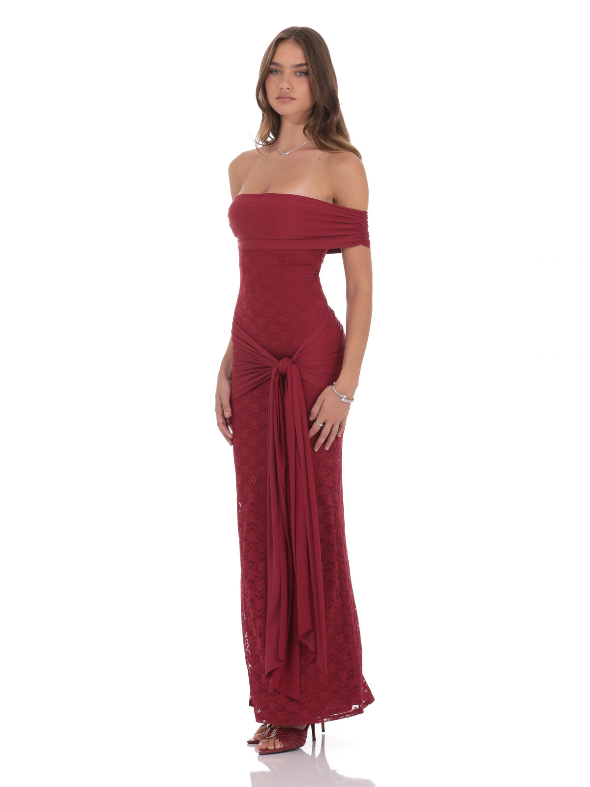 Maroon bridesmaid dress with mesh construction and maxi hem