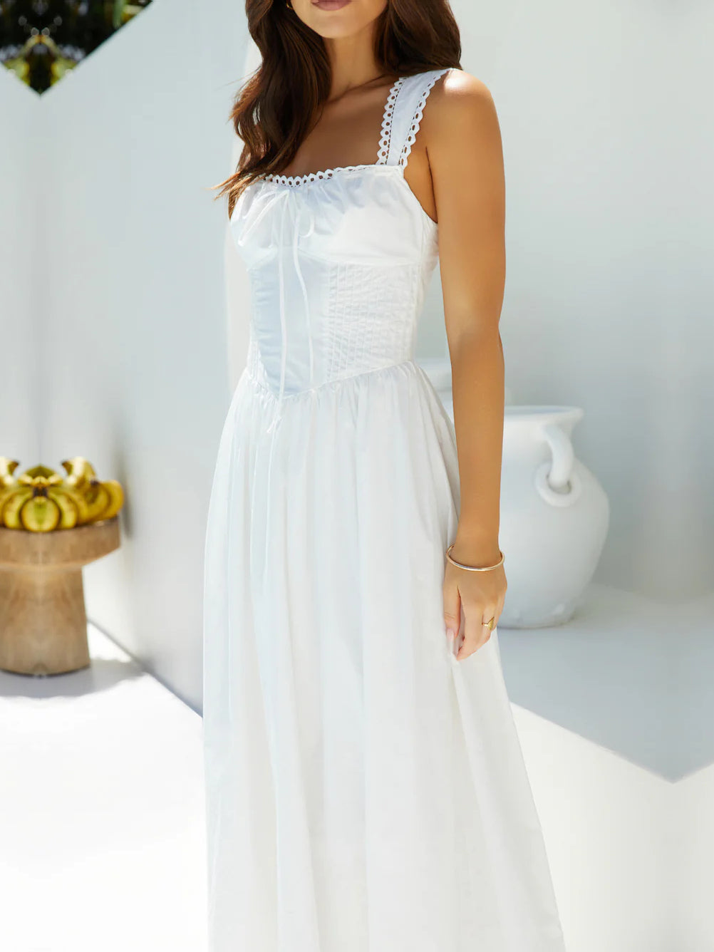White a-line maxi formal dress with square neckline, alternate view