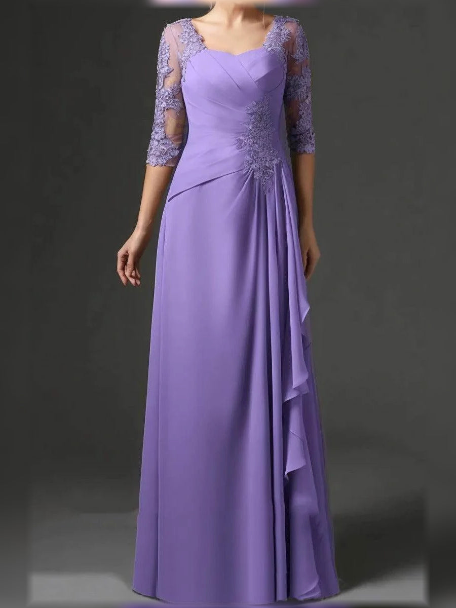 Purple chiffon mother of the bride dress, square neck, lace sleeves, draped waist