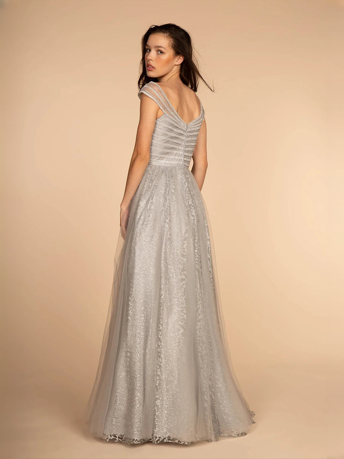 Silver sequin V-neck A-line tulle prom dress with V-shaped beaded bodice