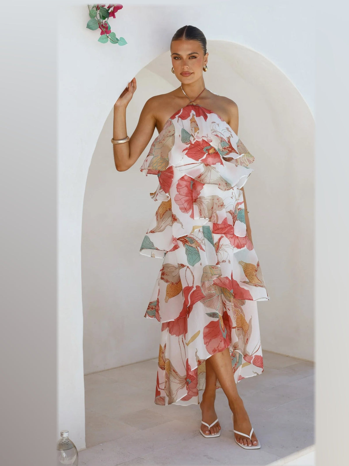 Blush maxi formal dress, alternate full-length view showing the waistline