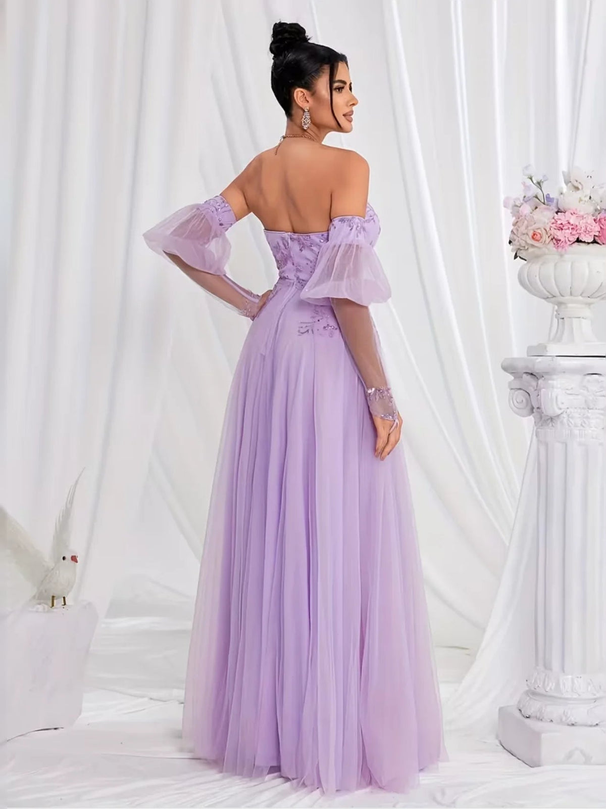 Lilac embroidered off-shoulder A-line maxi prom dress, side/back view with tulle sleeves