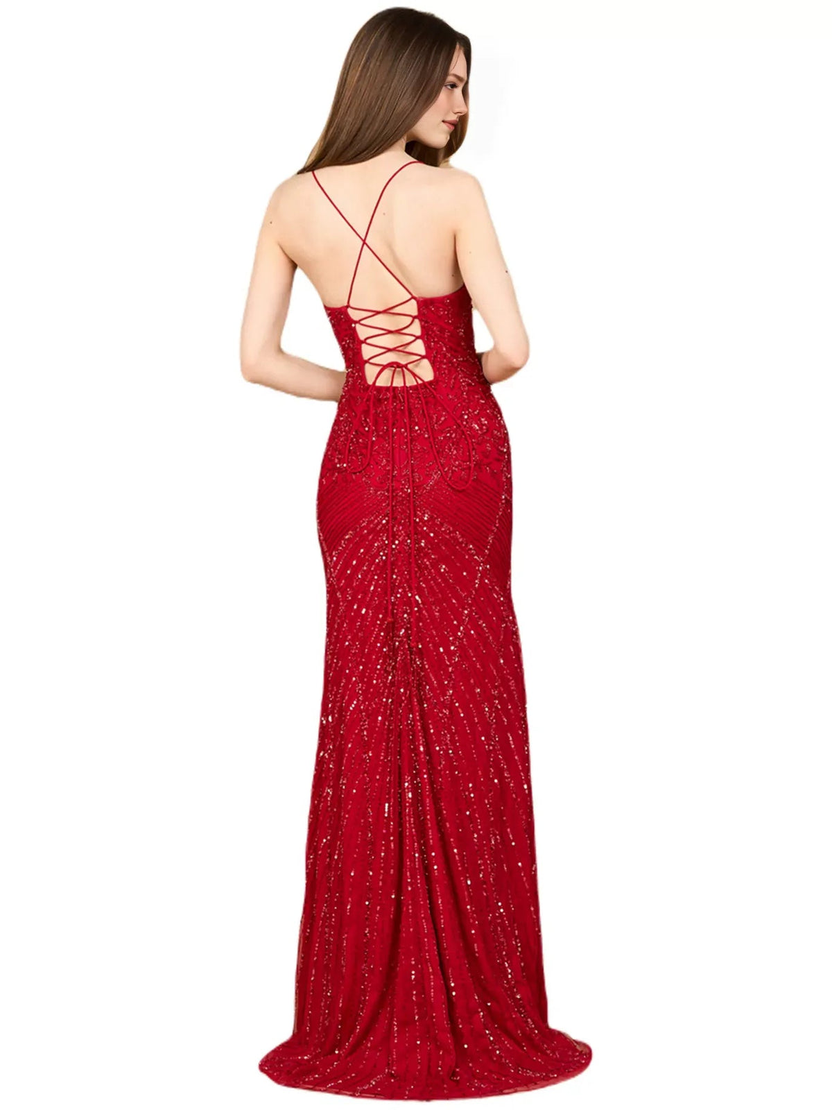 Red beaded floor-length formal dress with crisscross lace-up open back