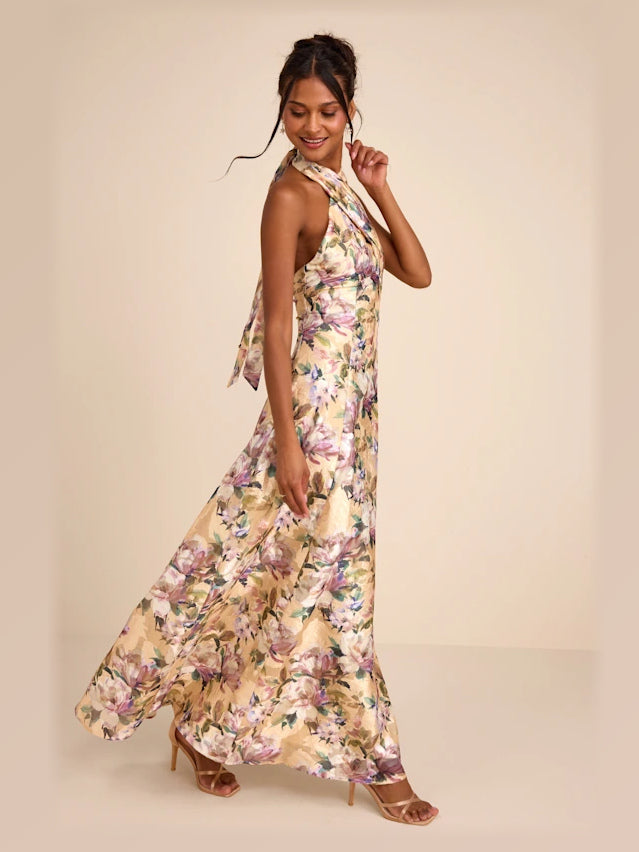 Light Yellow Floral formal dress with structured woven fabric construction and maxi hem