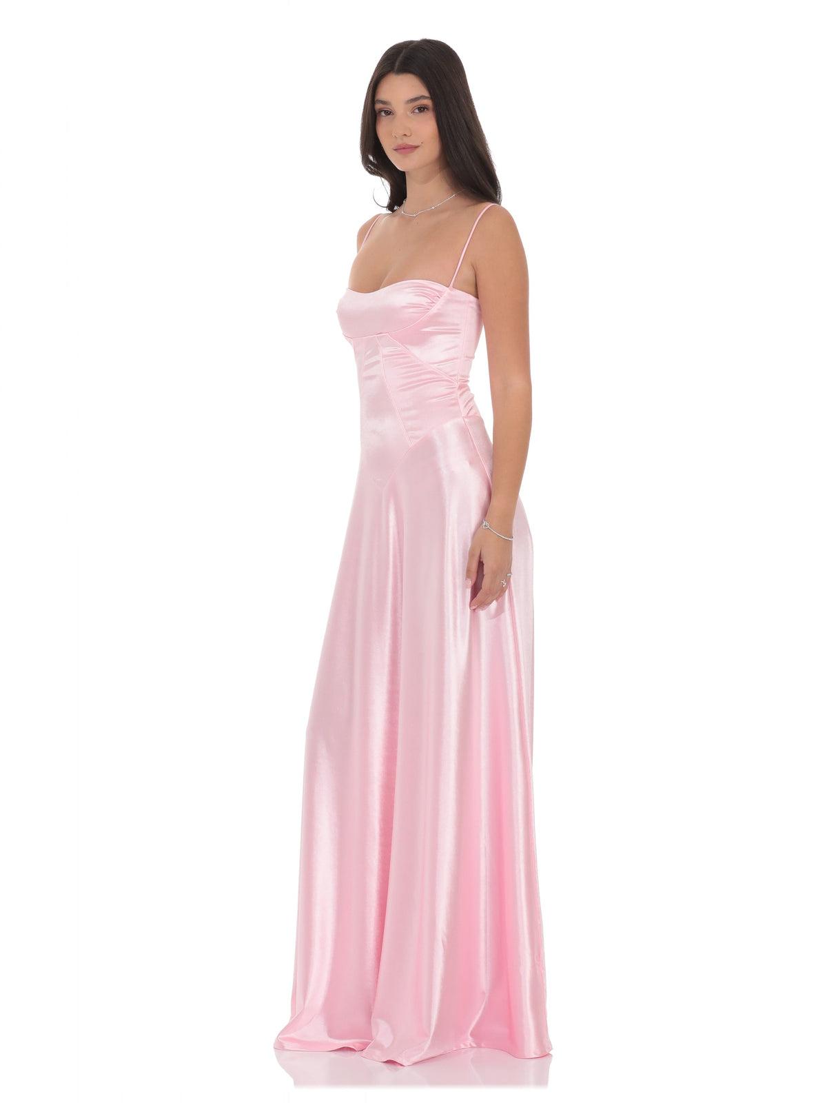 Pink satin A-line maxi dress with square neckline and thin spaghetti straps