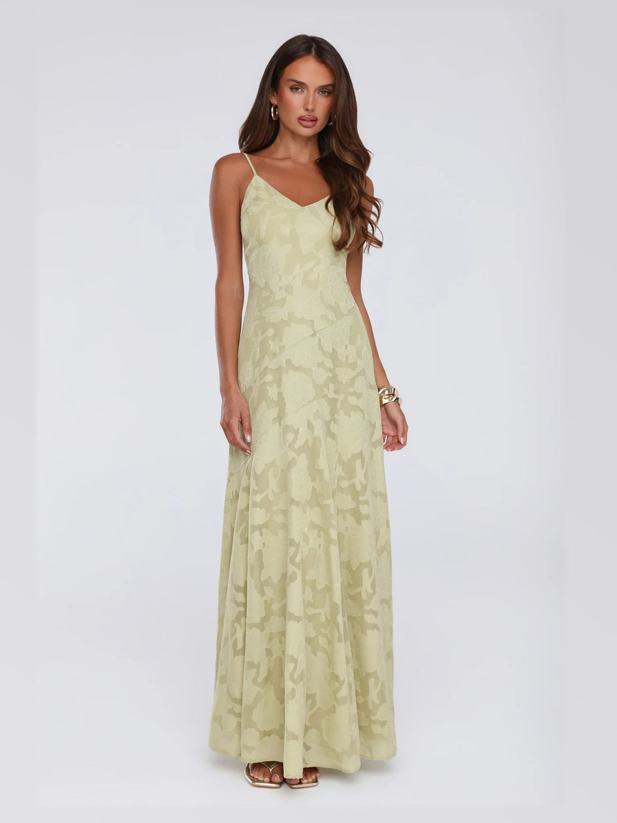 Sage maxi formal dress, alternate full-length view showing the waistline