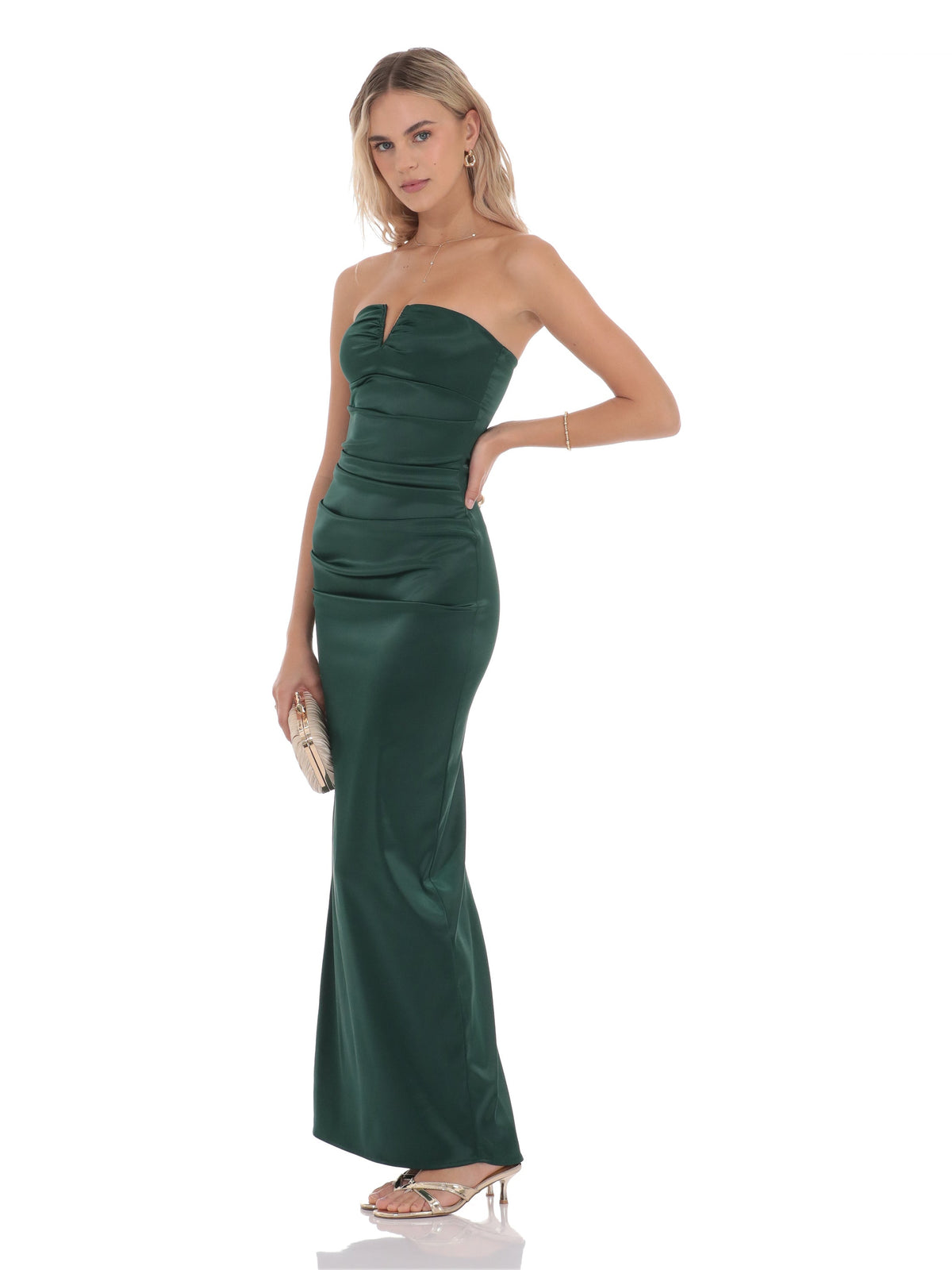 Green bridesmaid dress with satin construction and maxi hem