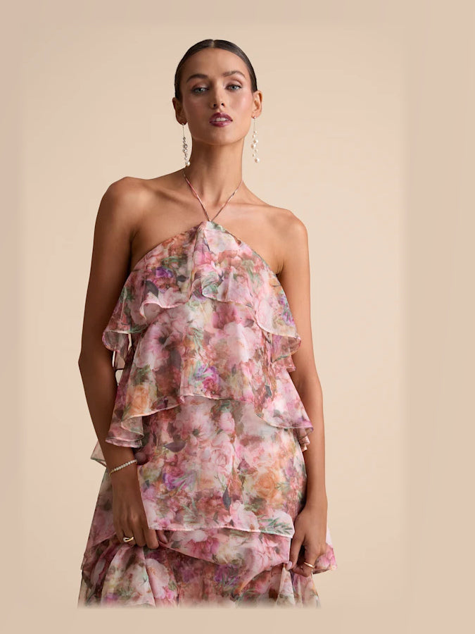 Pink formal dress with structured woven fabric construction and maxi hem