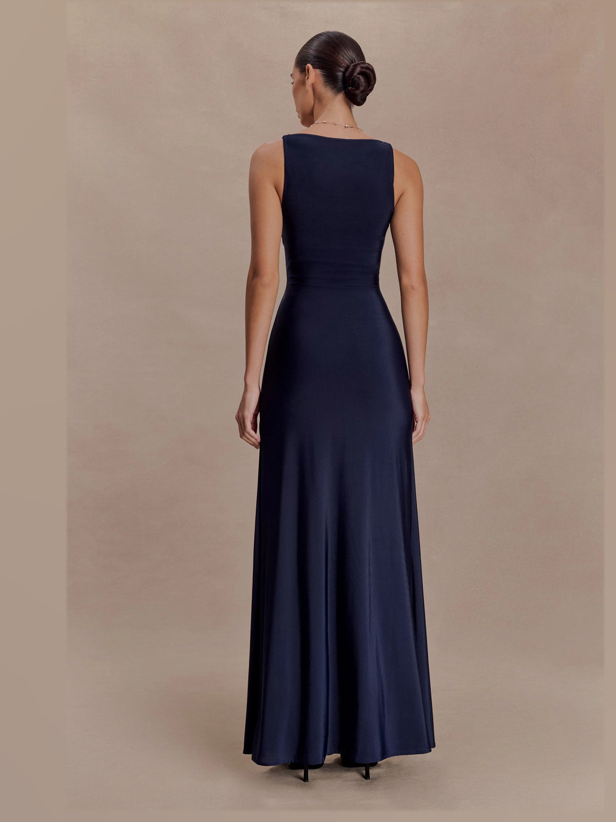 Ink Blue formal dress with structured woven fabric construction and maxi hem