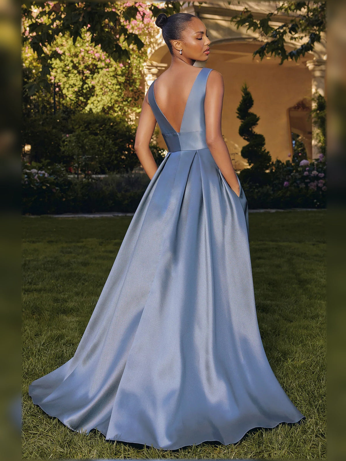 Steel blue V-back satin A-line floor-length formal dress with open back