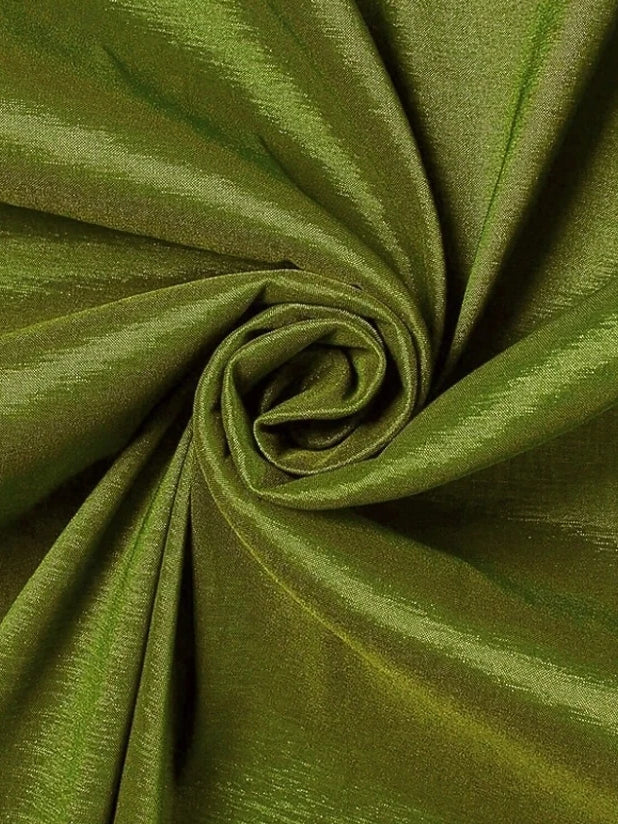 Olive satin fabric close-up with gathered, twisted drape at the center.
