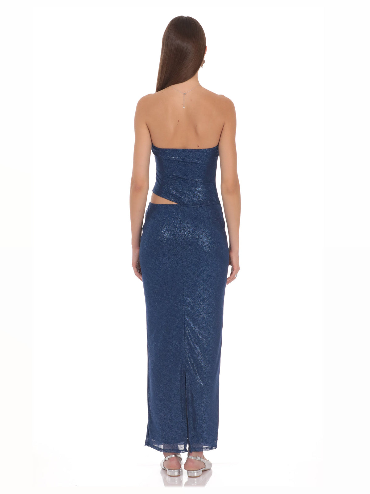 Blue bridesmaid dress with structured woven fabric construction and maxi hem