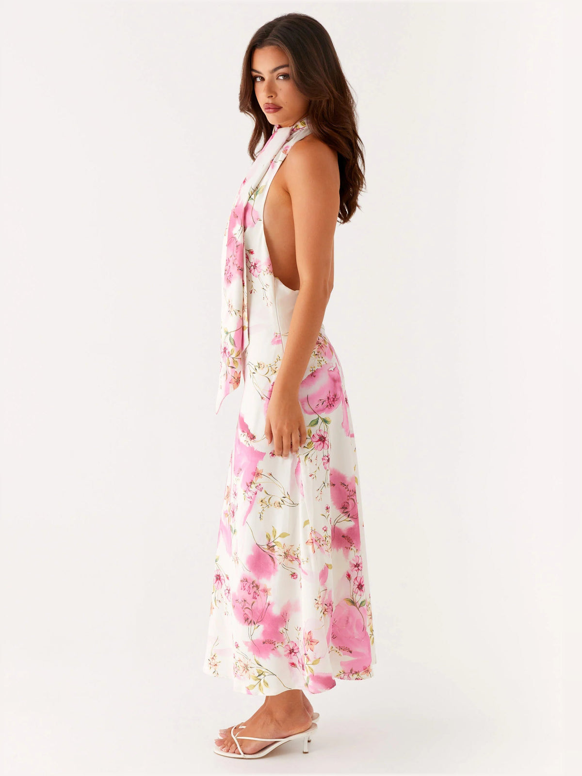 Ivory floral midi formal dress, halter scarf collar, sleeveless, side view