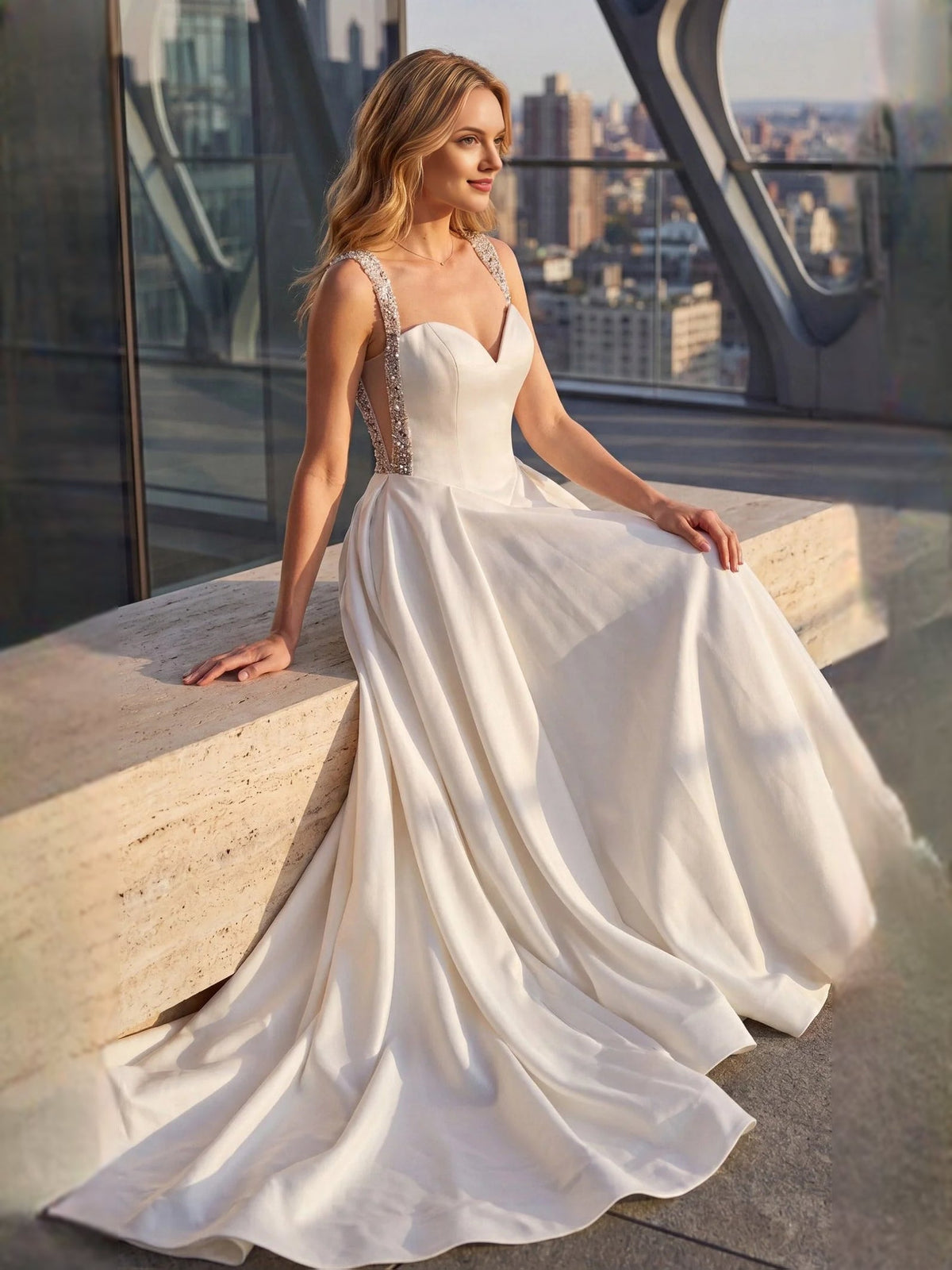 White satin A-line wedding dress with sweetheart neckline and jeweled strap accents