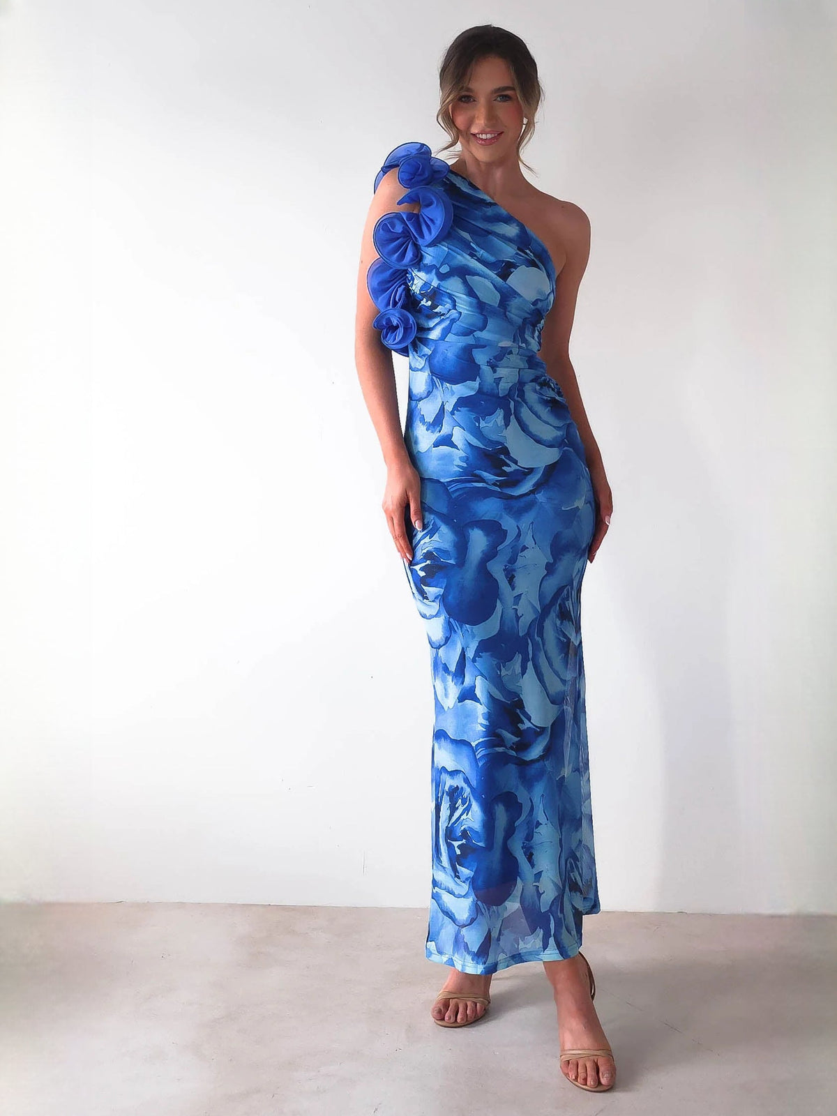 Blue sheath maxi formal dress with floral print, alternate full-length view