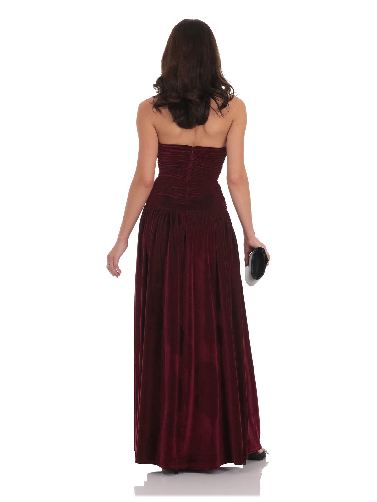Wine bridesmaid dress with structured woven fabric construction and maxi hem