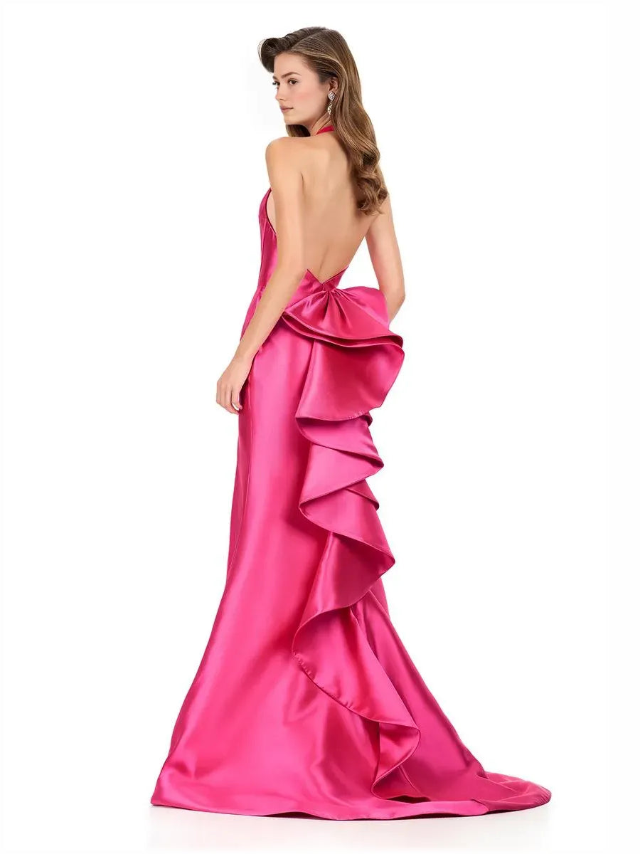 Hot pink satin halter corset ruffle floor-length gown with tiered ruffles