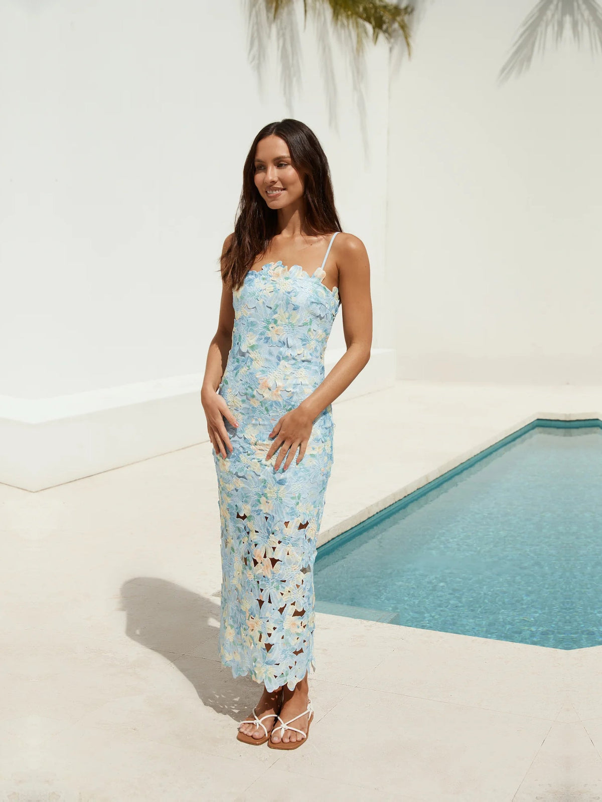Blue sheath maxi formal dress with floral print, alternate view