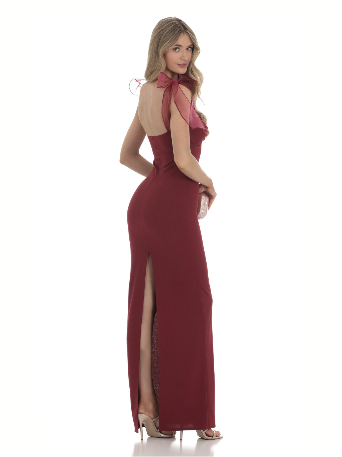 Maroon bridesmaid dress with structured woven fabric construction and maxi hem
