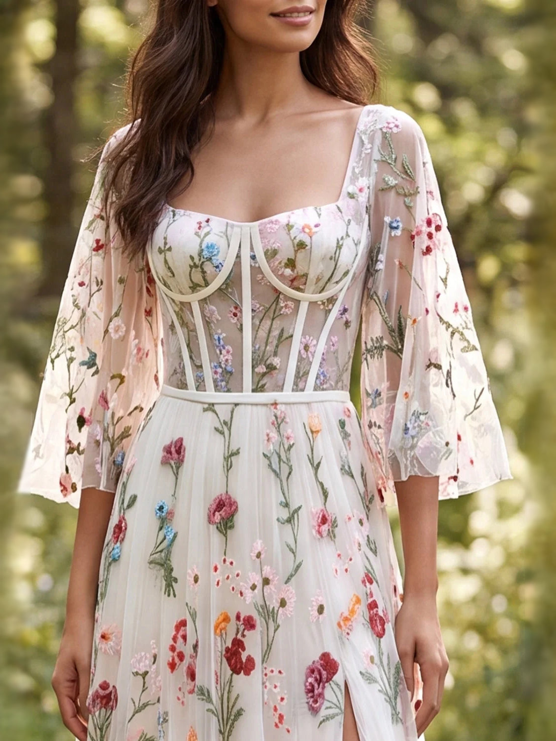 Ivory floral tulle maxi dress with square neckline, corset bodice, sheer sleeves
