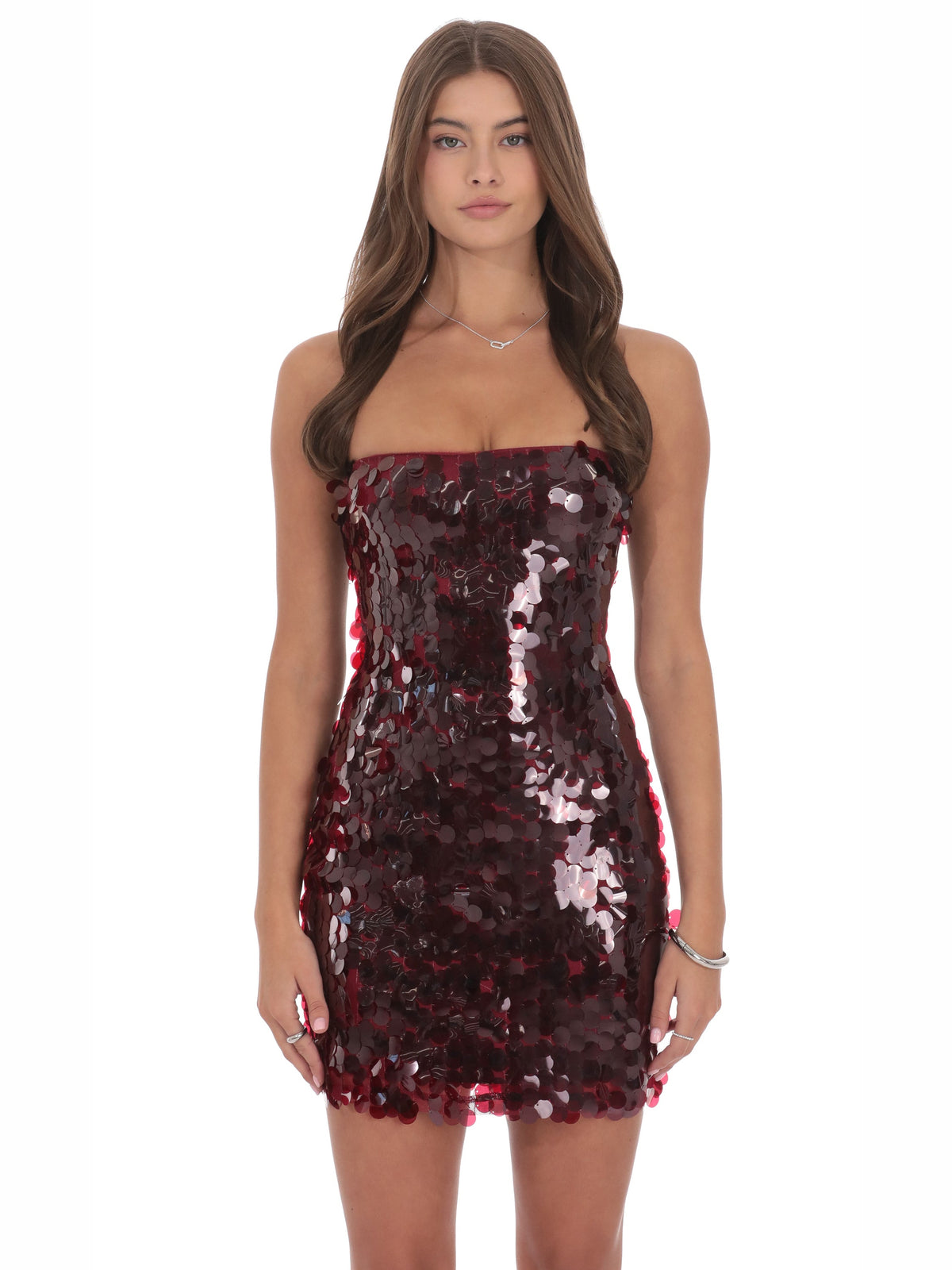 Burgundy homecoming dress with mesh construction and maxi hem
