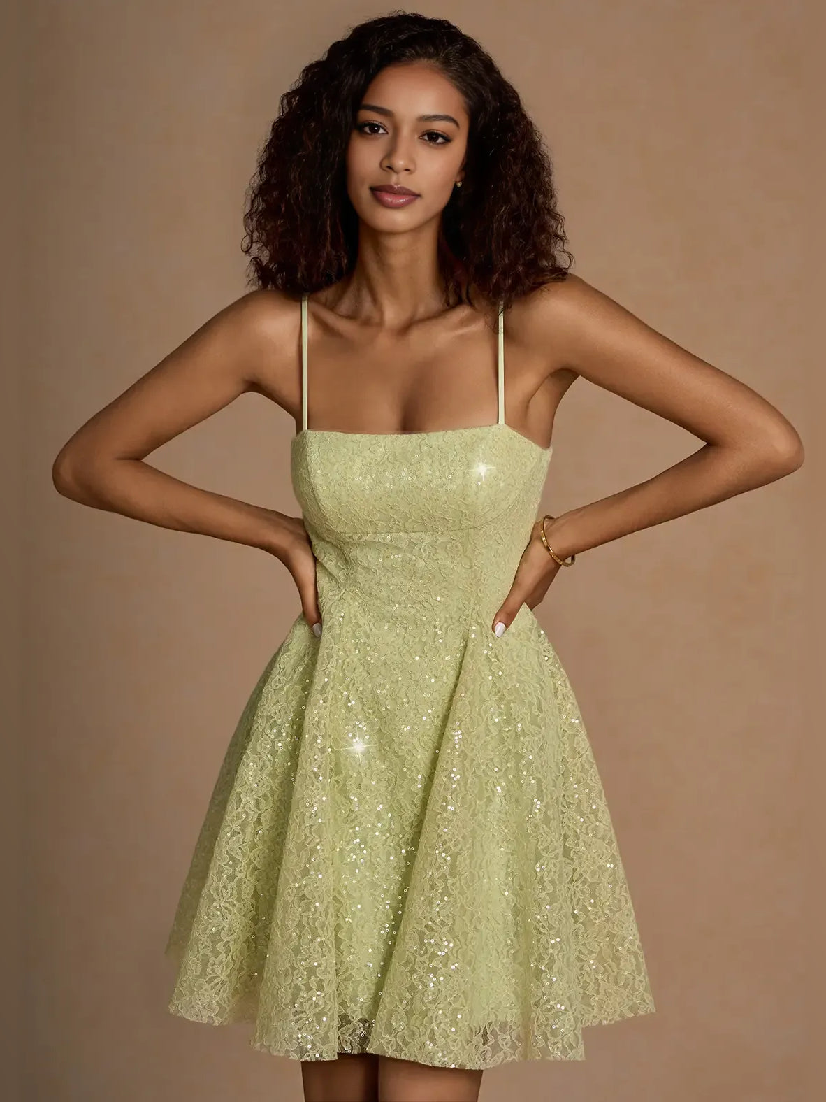 Sage green sequin mini A-line dress with square neckline and spaghetti straps