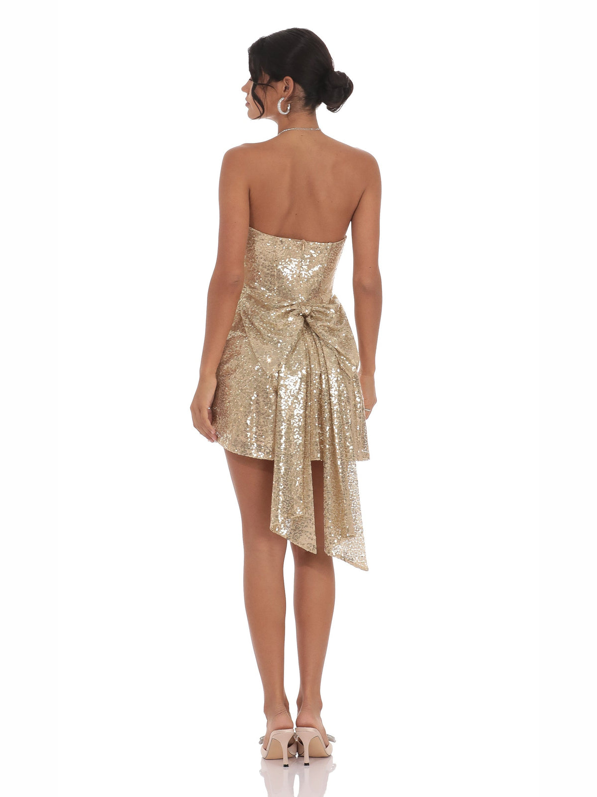 Gold homecoming dress with mesh construction and maxi hem