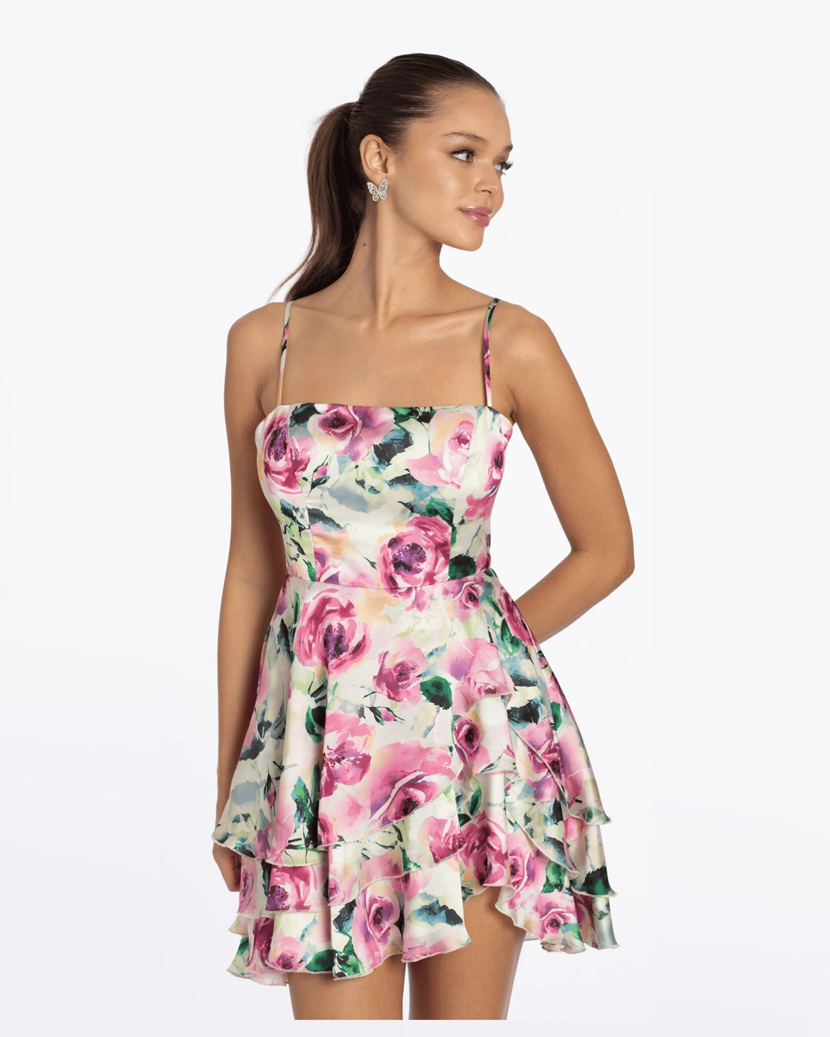 Rose floral print spaghetti-strap dress with tiered A-line ruffle hem