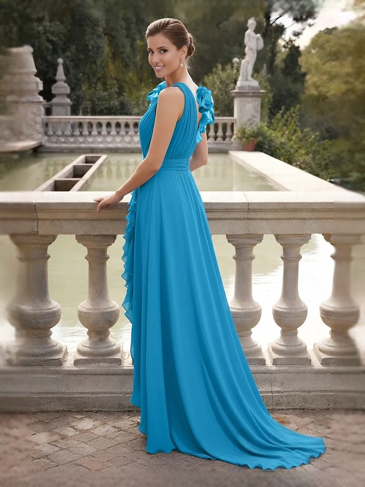 Turquoise A-line maxi chiffon prom dress with V-neck, ruffled bodice, side slit