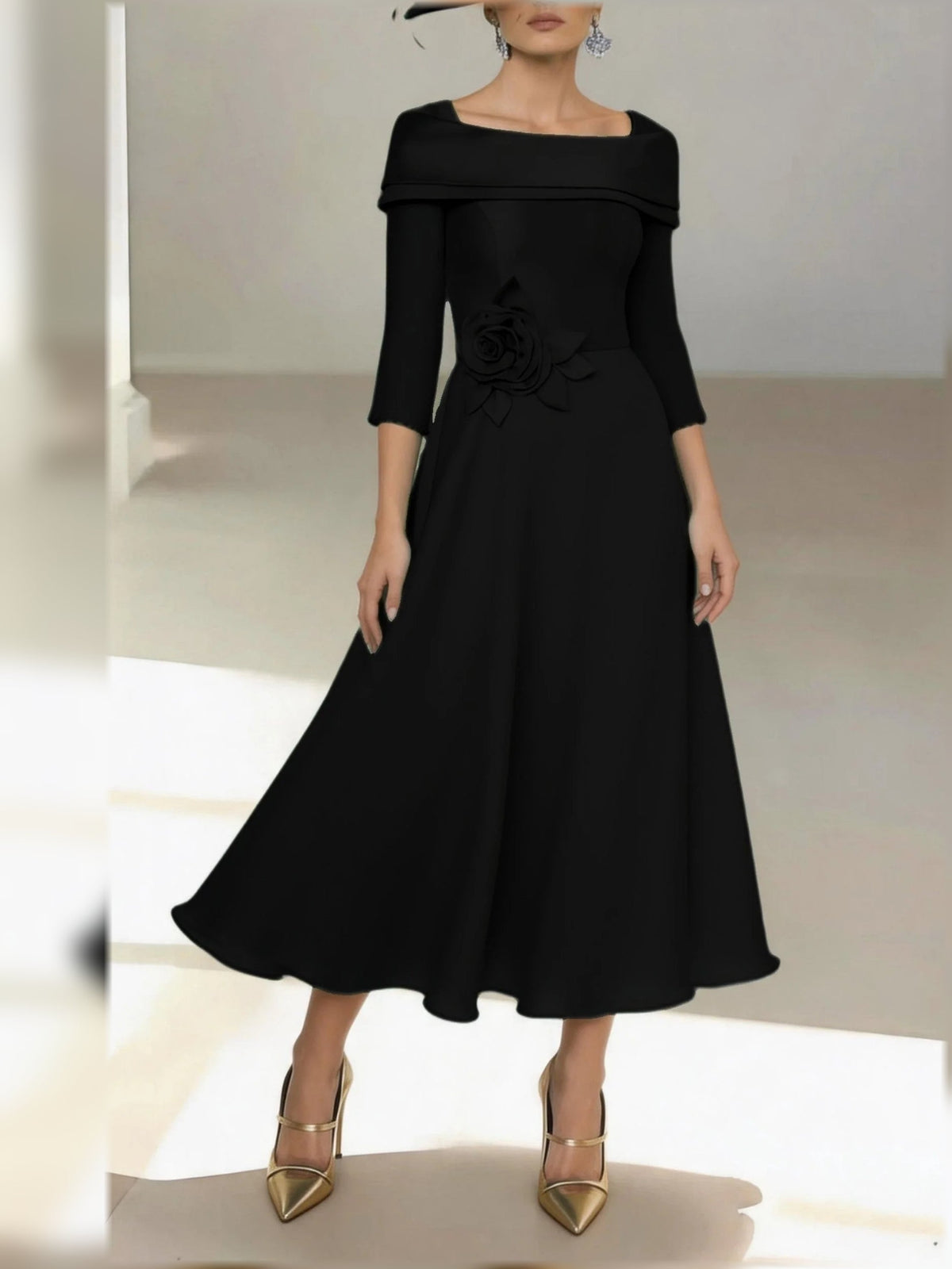 Black off-shoulder A-line midi dress with floral waist detail