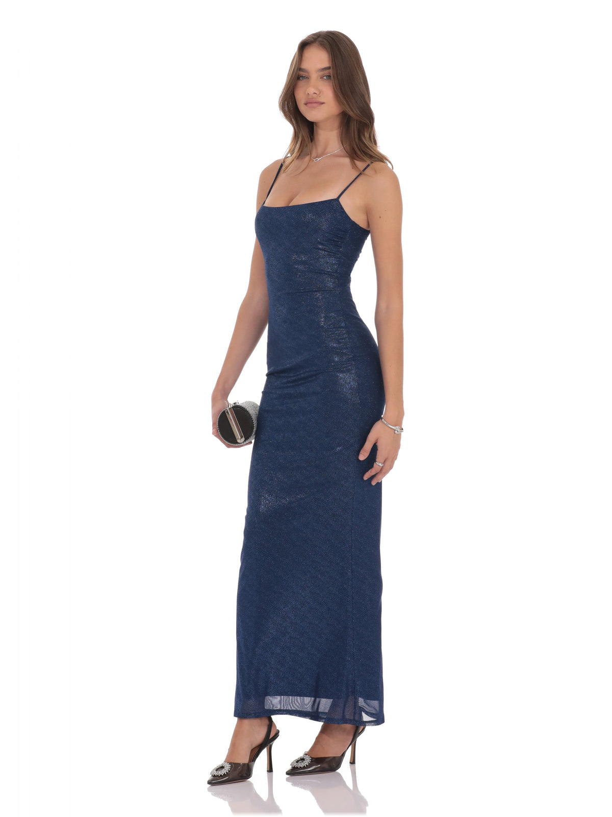 Navy bridesmaid dress with mesh construction and maxi hem
