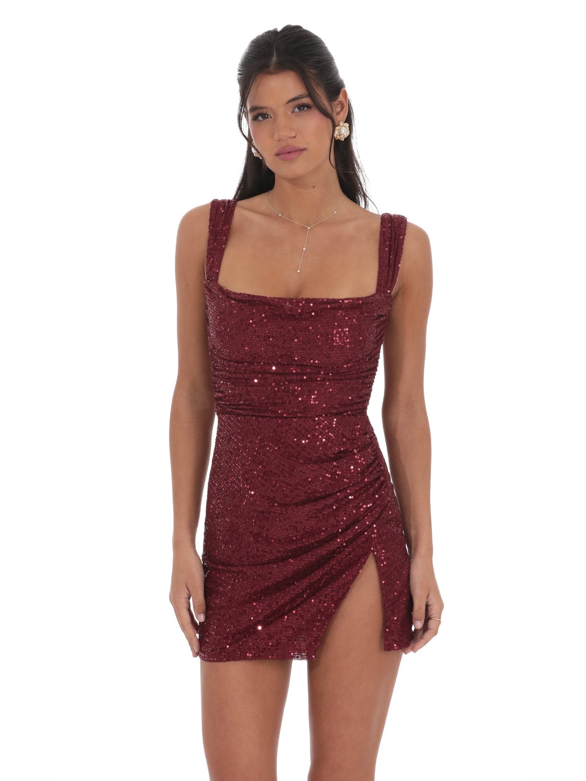 Red homecoming dress with mesh construction and maxi hem