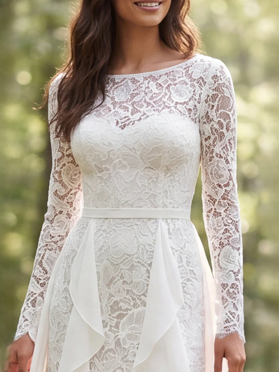 Ivory lace bateau-neck wedding dress with long sleeves and layered chiffon ruffle skirt