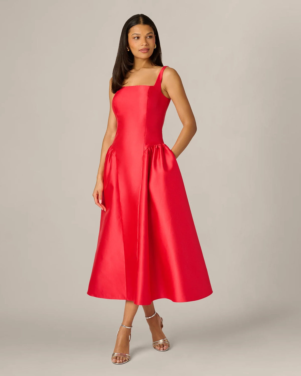Coral red midi fit-and-flare dress with square neckline and pleated waist skirt