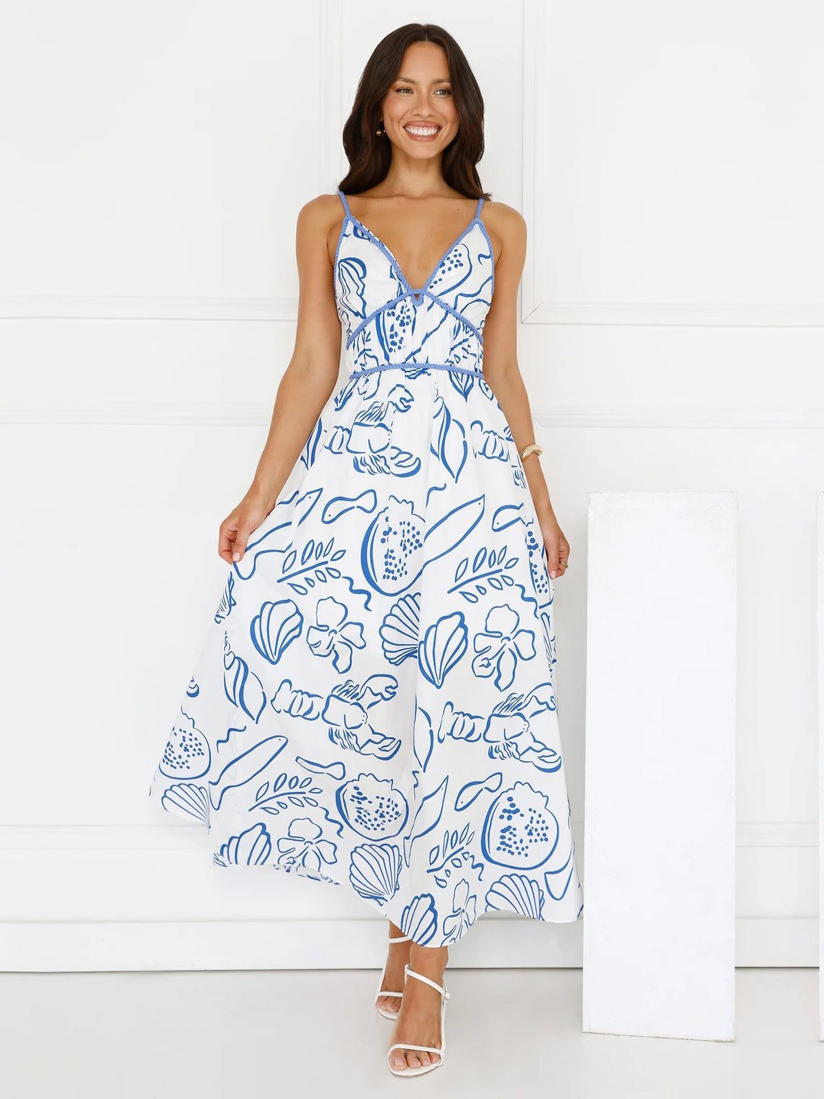 White a-line maxi formal dress with floral print, alternate view