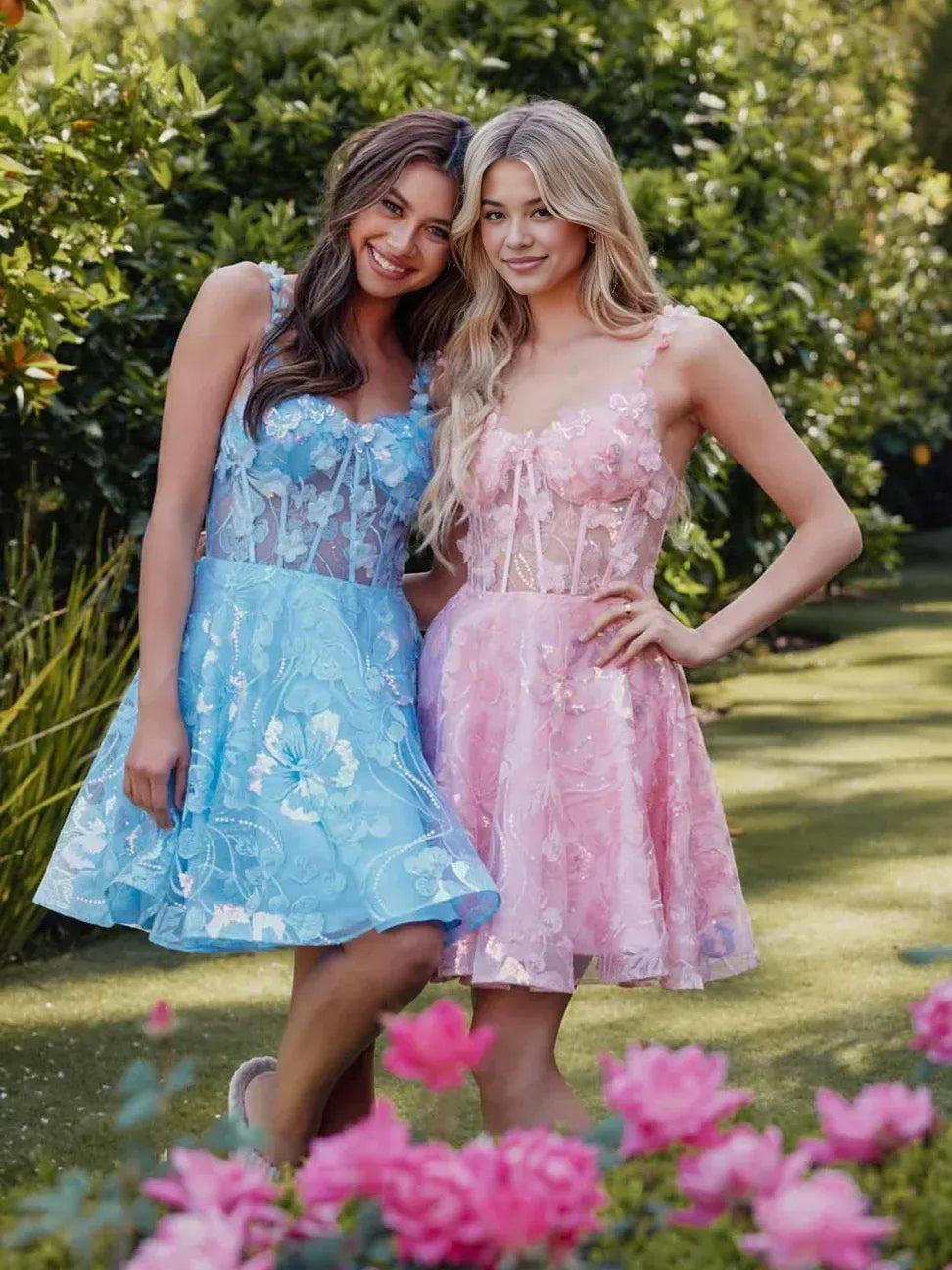 Pink and blue floral sweetheart corset short tulle dresses, ruffled bust, A-line skirts.