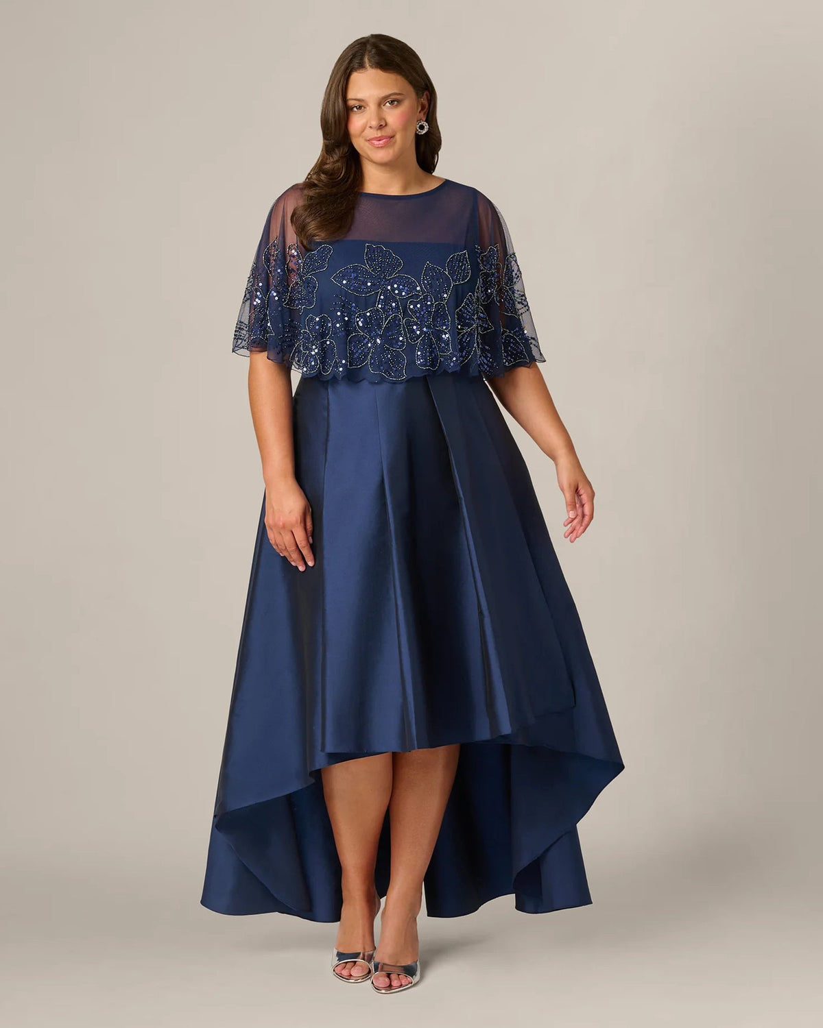 Light navy A-line maxi mother dress with sequined sheer sleeves and layered skirt